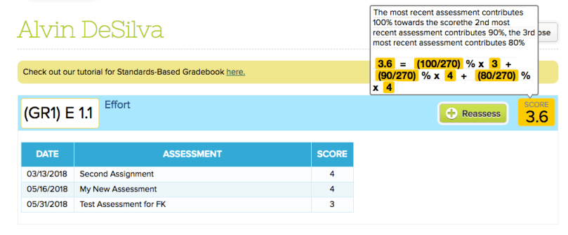 Calculated Decaying Weights Score for Standard
