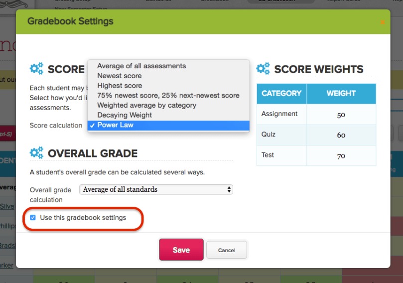 Power Law Scale in Standards Based Gradebook