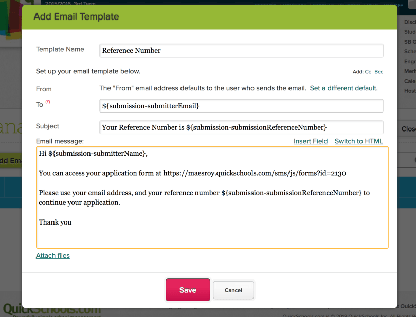 Email Template for Online Forms with Reference Number