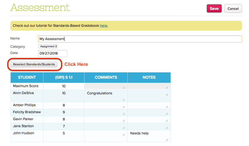 Assessment screen shows grades by Standard