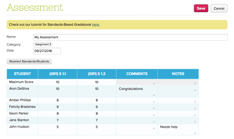 Grades for the Standard have been transferred in the Assessment