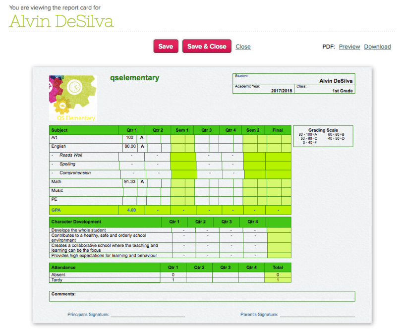 Report Card with Conduct Section (labeled as "Character Development")