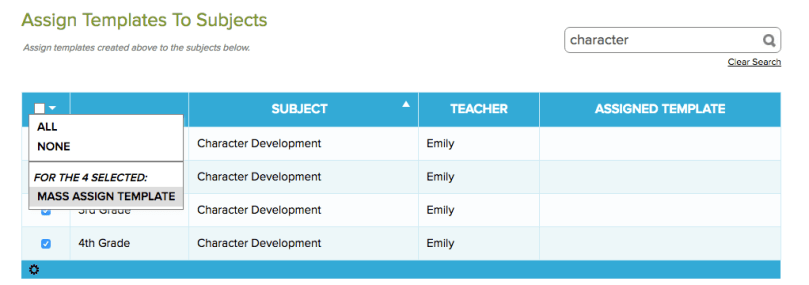 Select Subjects to Mass Assign Template