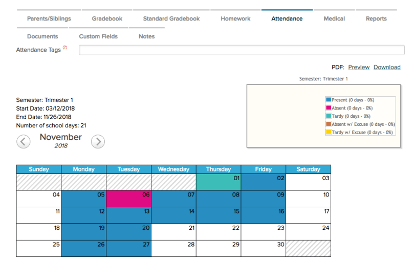 New "Preview" and "Download" link when viewing the Attendance tab on the Student record