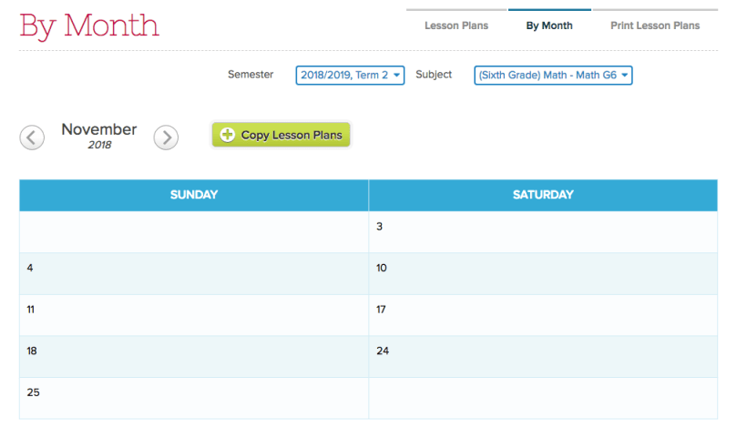 Lesson Plans by Subject configured for Saturday and Sunday