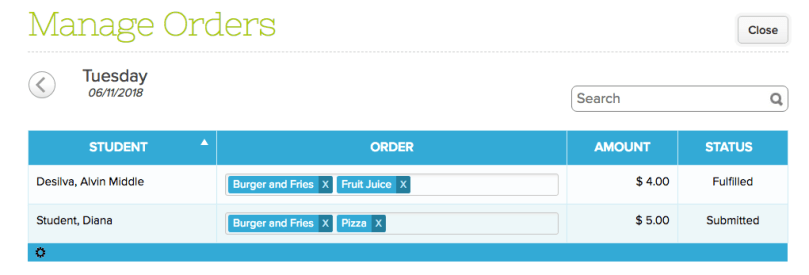 Lunch Ordering - Manage Orders