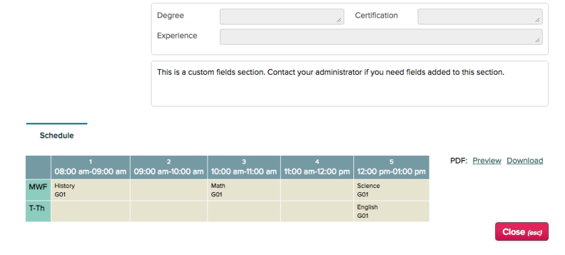Schedule Tab on the Teacher Record