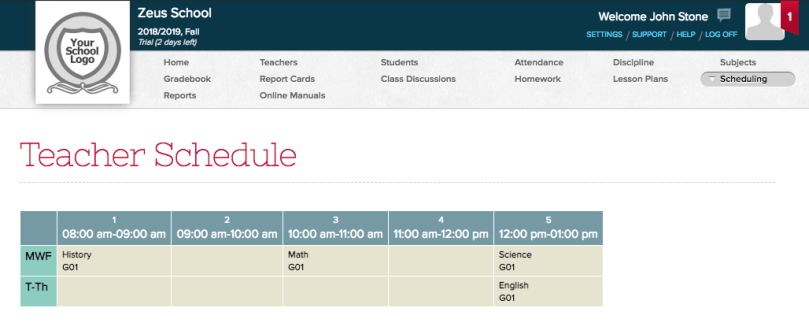 Teacher Schedule under the "Scheduling" menu