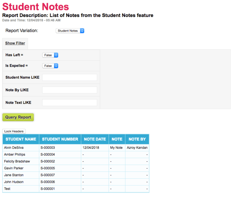 Example Student Notes Report