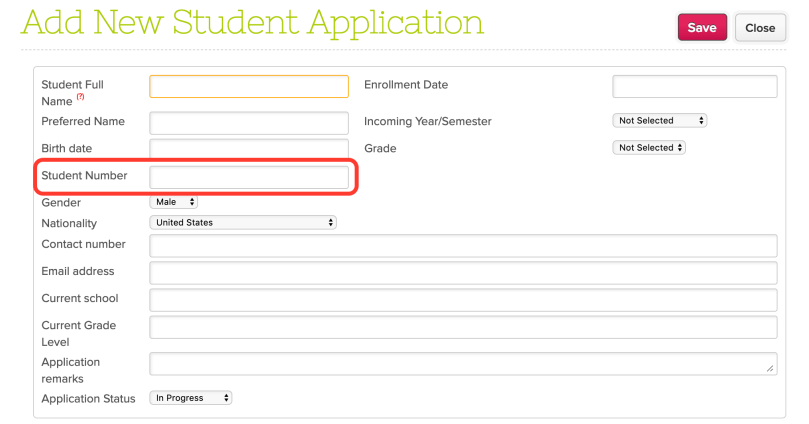 Admissions Application with Student Number