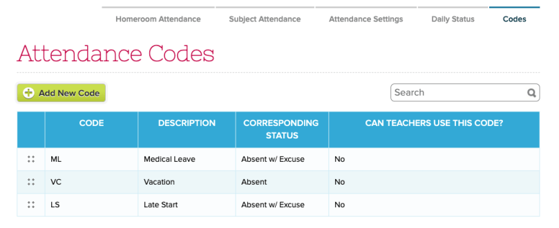 Custom Attendance Codes
