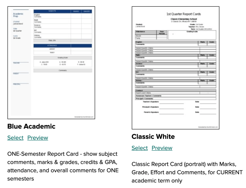 Single-Term Report Card Templates