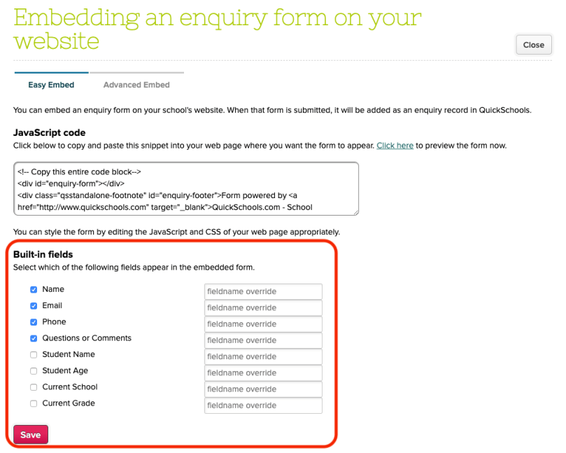 Configure Fields to be displayed on the Embedded Inquiry Form