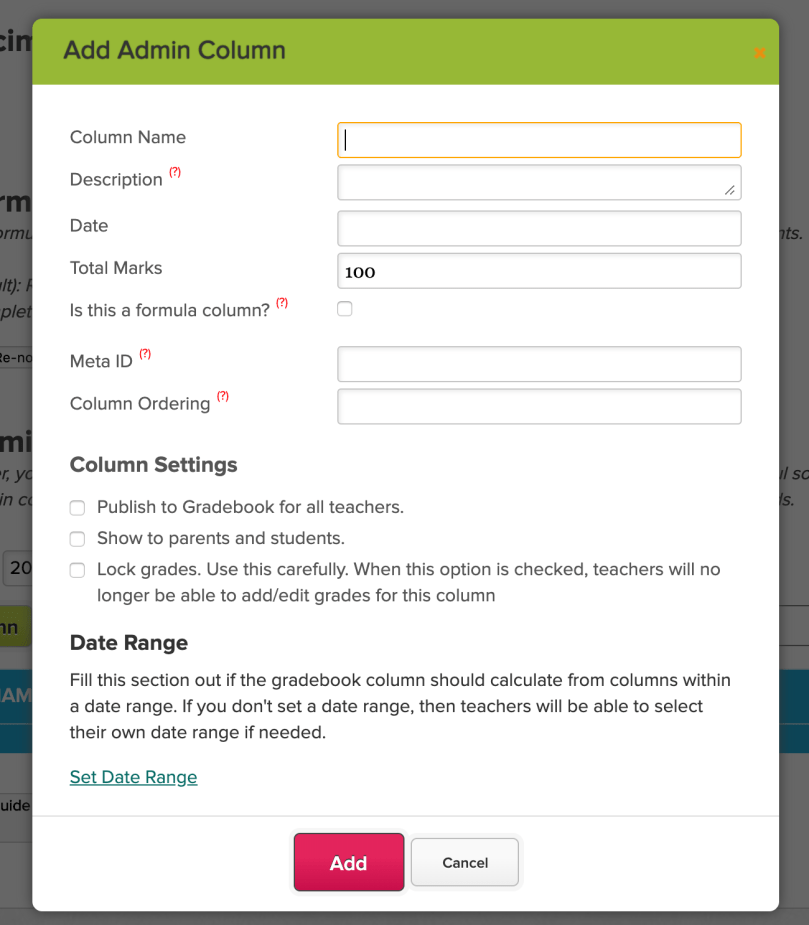 Adding a Gradebook Admin Column from Grading Setup
