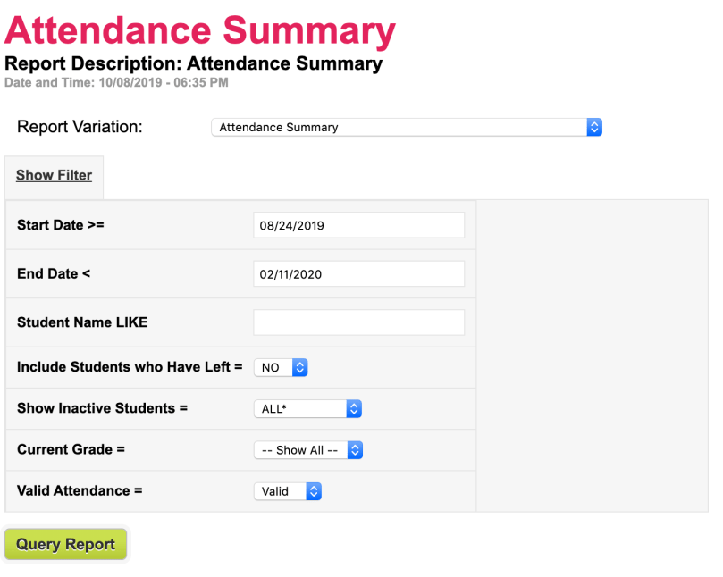 Filters for the "Attendance Summary" Report