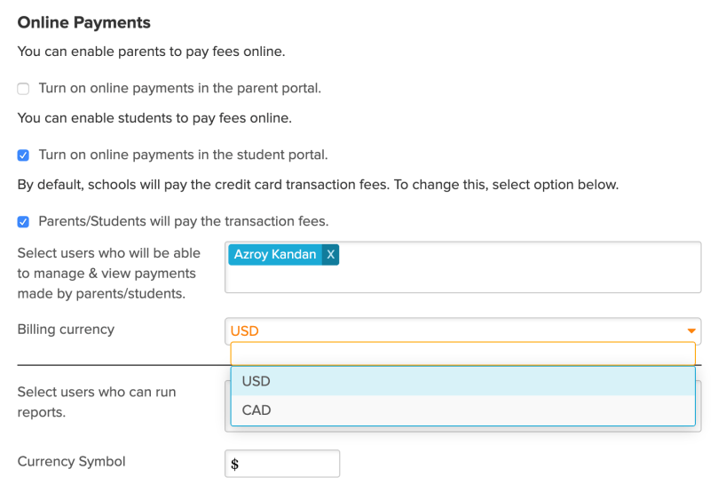 Configure Currency for Online Payments in the Fees Tracking module
