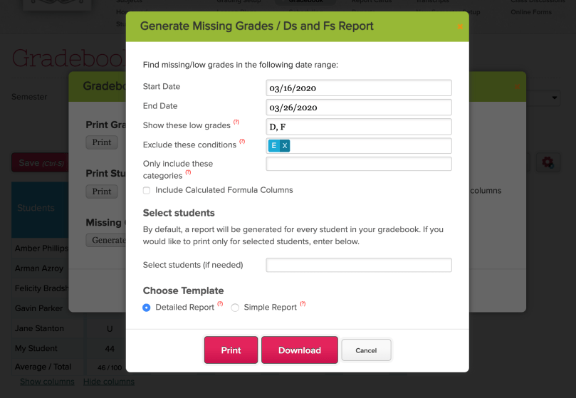 showing missing grades
