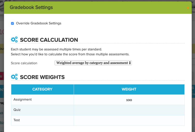 Override the Score Calculation in the Standards-Based Gradebook for any subject