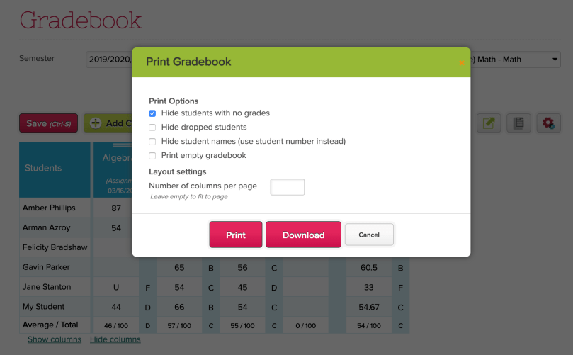 Options when Printing Gradebook roster in QuickSchools