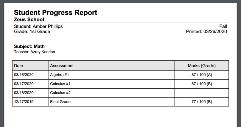 example of the Print Student Progress Reports