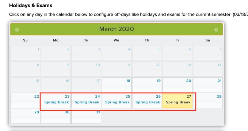 Set up holidays and other non-school days on the Calendar