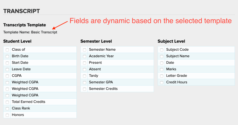 Fields from the Transcripts template in the Report Creator