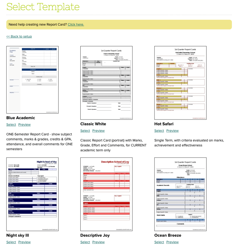 quickschools report card templates