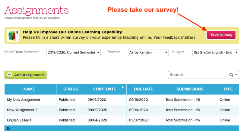 Survey for Online Learning features in QuickSchools