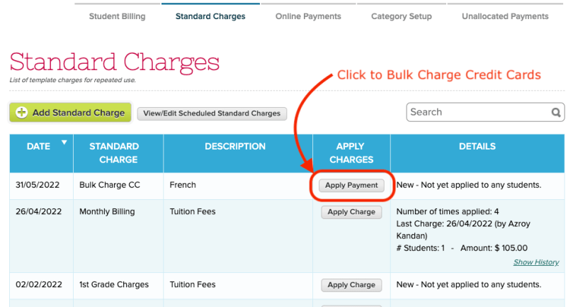 quickschools setup Bulk Charge Credit Card using Standard Charges