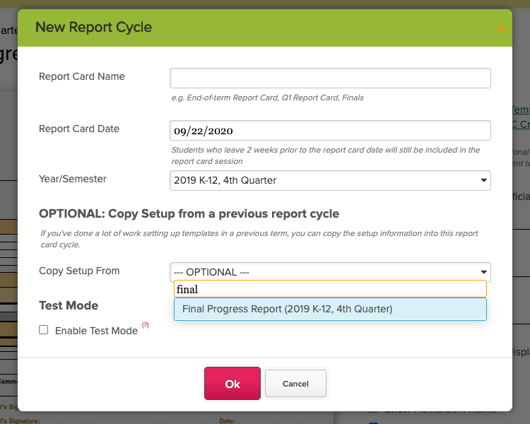 how to set up a quickschools report card