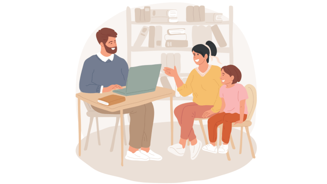 A teacher speaking to his student and parent