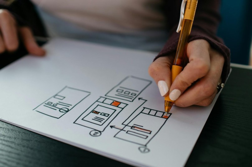 Someone shading in pieces of a UX storyboard.