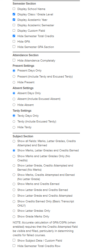 quickschools transcripts settings