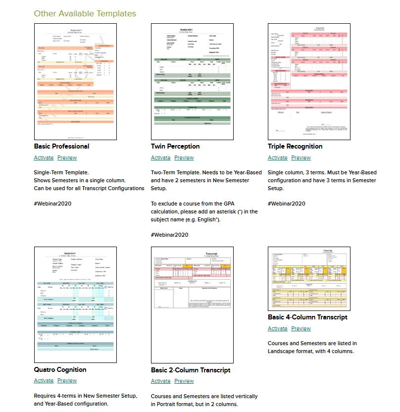 QuickSchools' transcript templates 