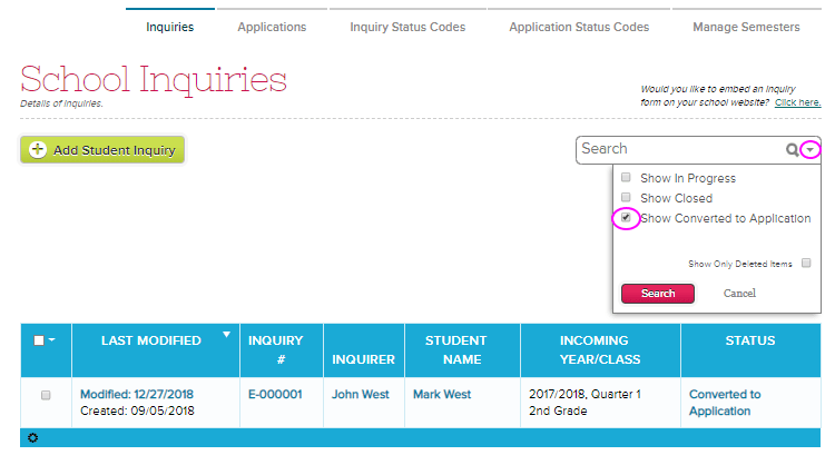 School inquiries with digital enrollment.
