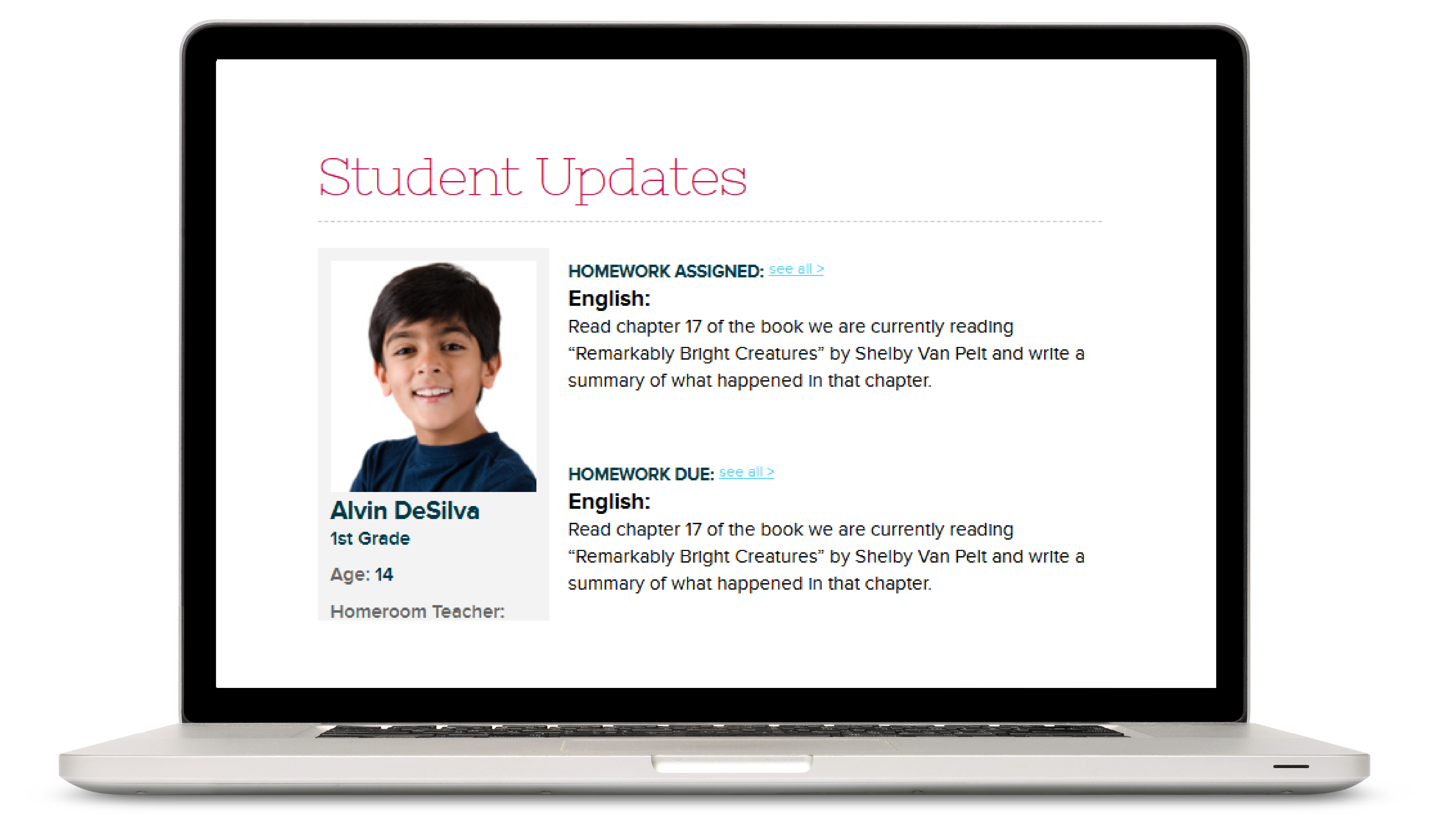 Parents can easily track their child’s school homework with QuickSchools student information system