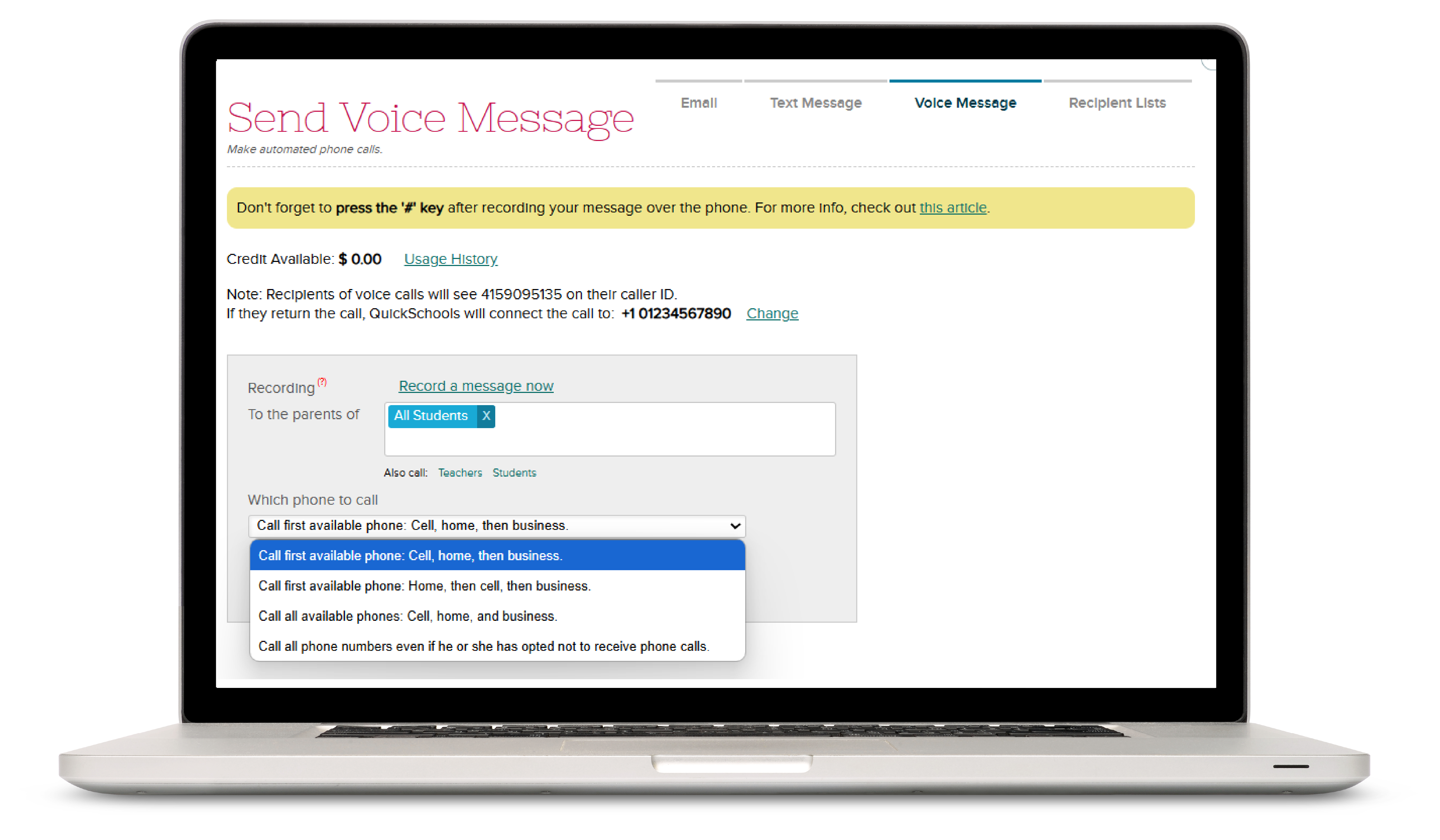 example of the QuickSchols email messaging for schools feature