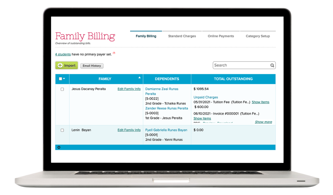 QuickSchools' Fee Tracking dashboard displaying student billing information and payment statuses.
